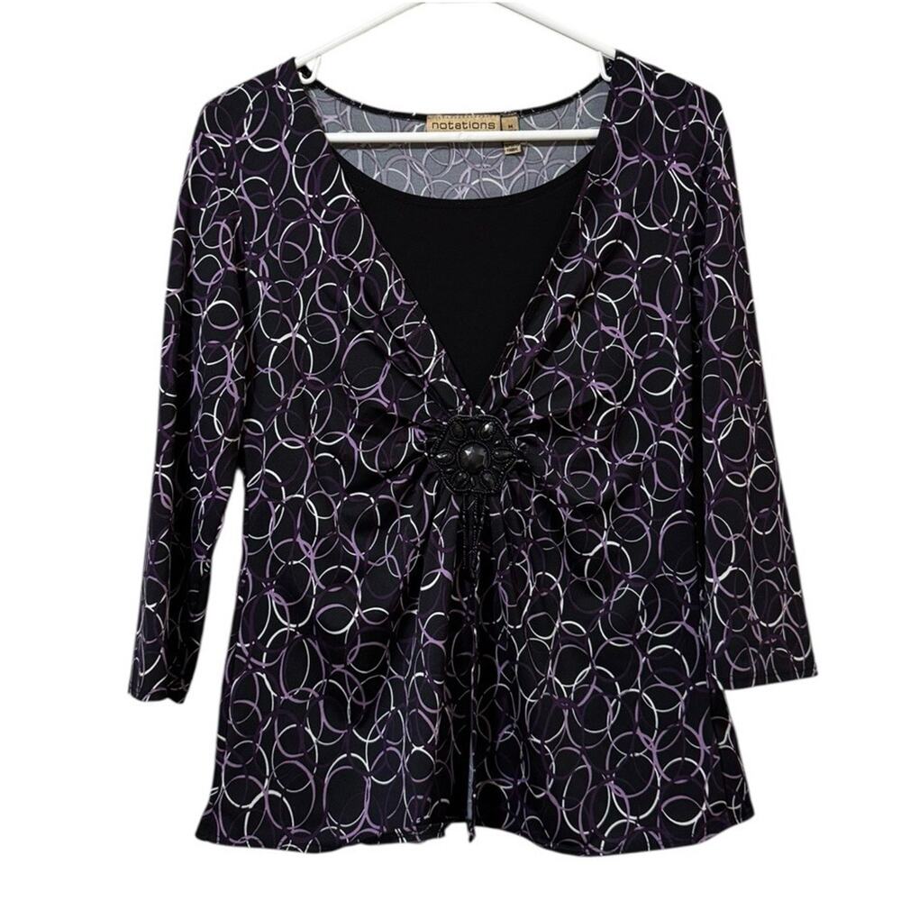 Notations Women Size Medium Blouse Embellished Gem Stretch Gem Office Art City